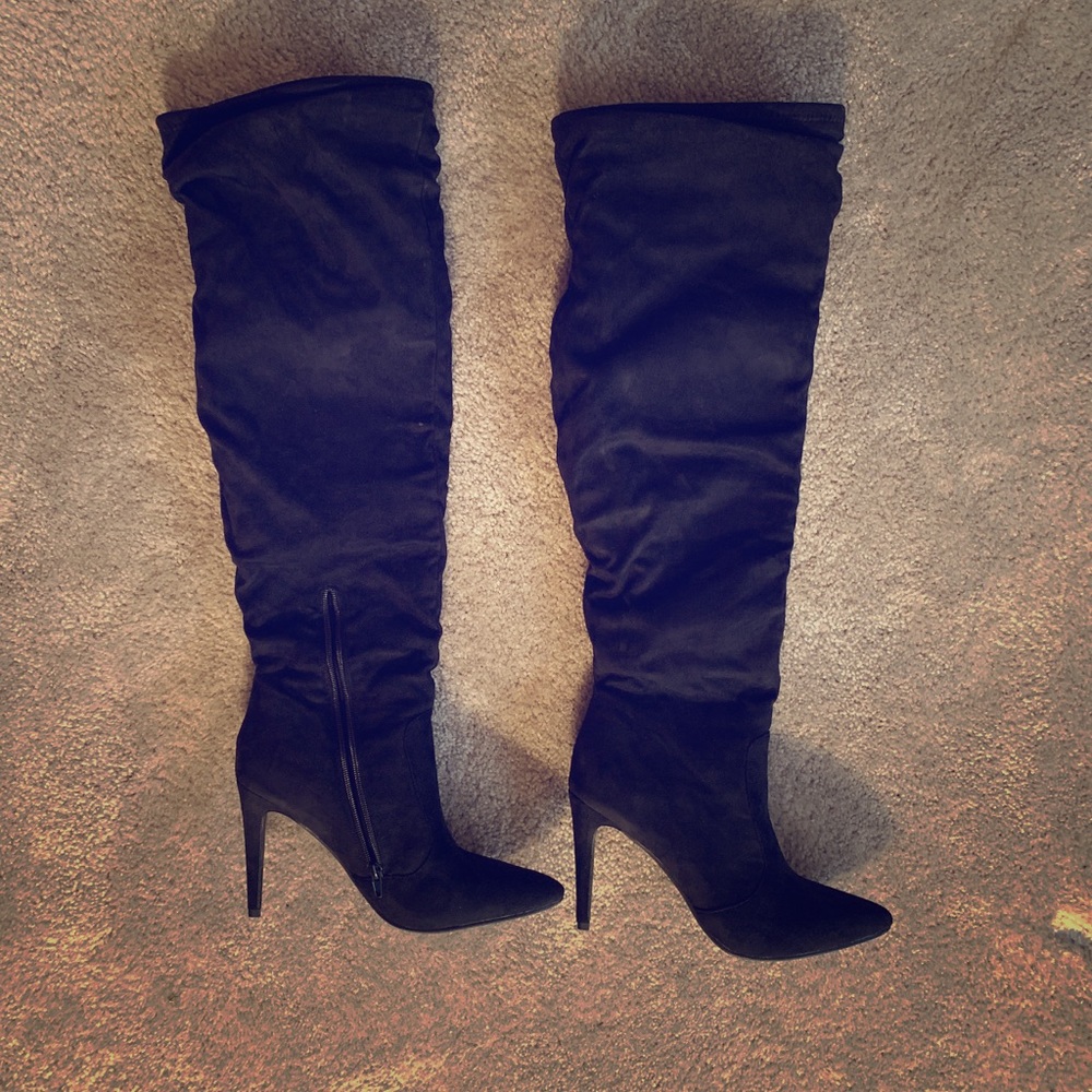 Black velvet above the knee boots